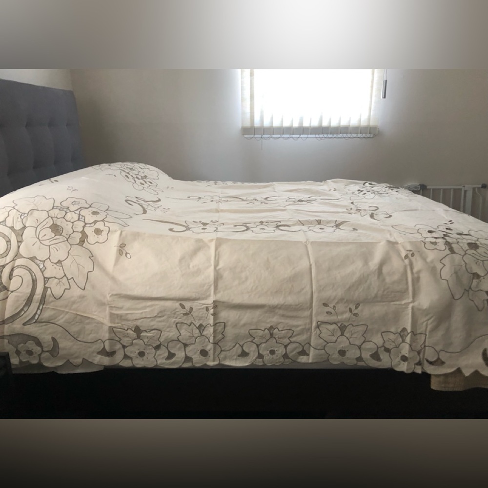 Vintage Embroidered Cut Out Crochet Bedspread Tablecloth Cotton 72”x90”New